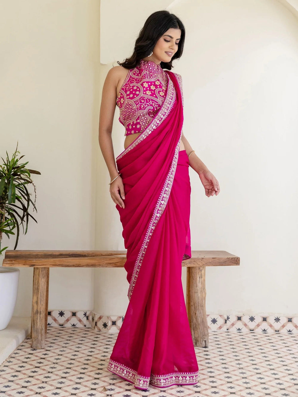 Rani Pink Silk Sequins Embroidered Party Wear Saree