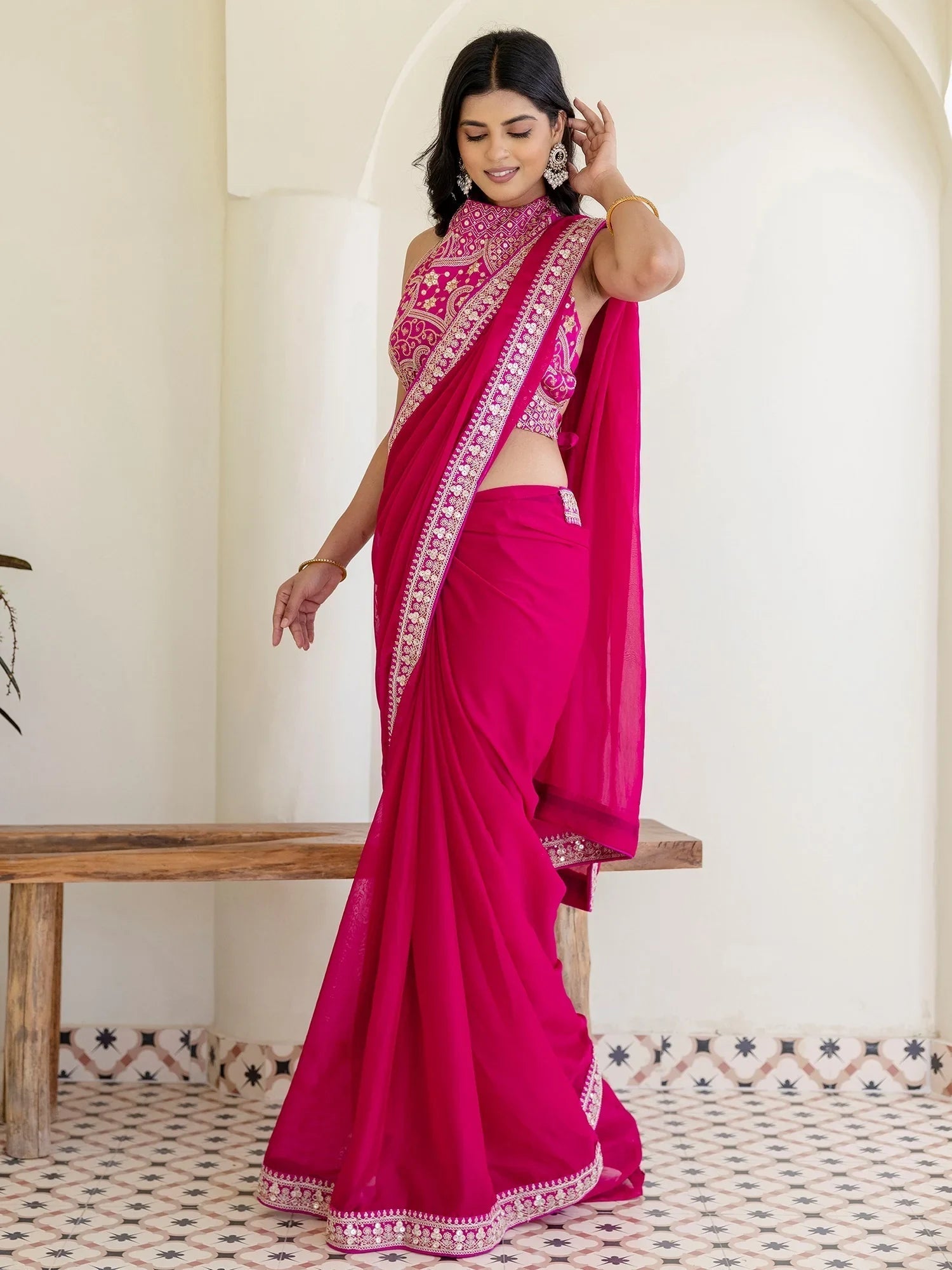 Rani Pink Silk Sequins Embroidered Party Wear Saree