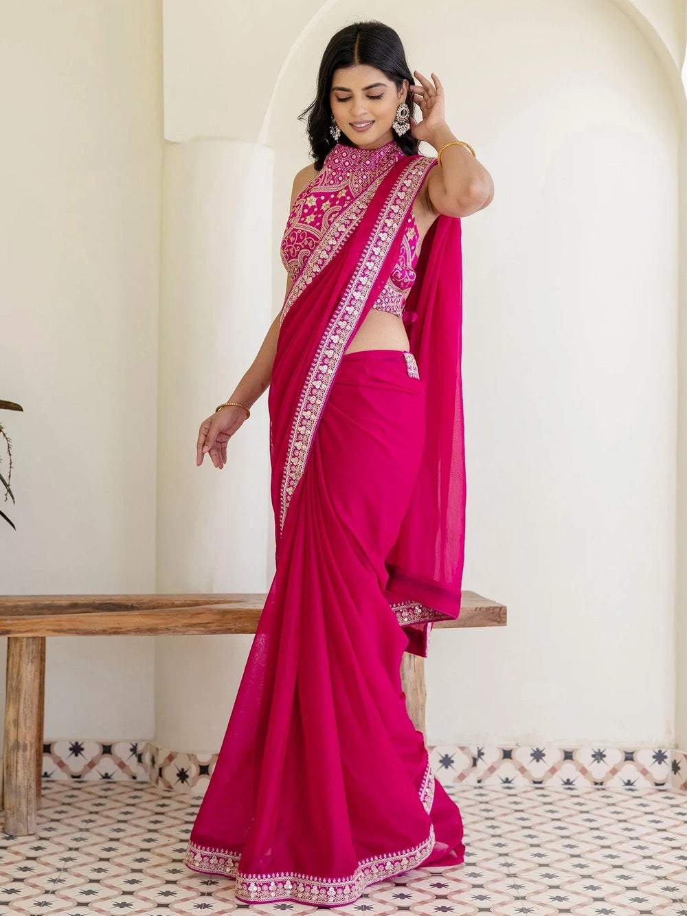 Rani Pink Silk Sequins Embroidered Party Wear Saree