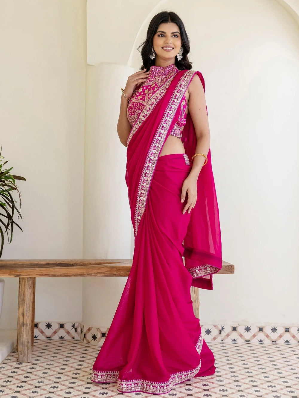 Rani Pink Silk Sequins Embroidered Party Wear Saree