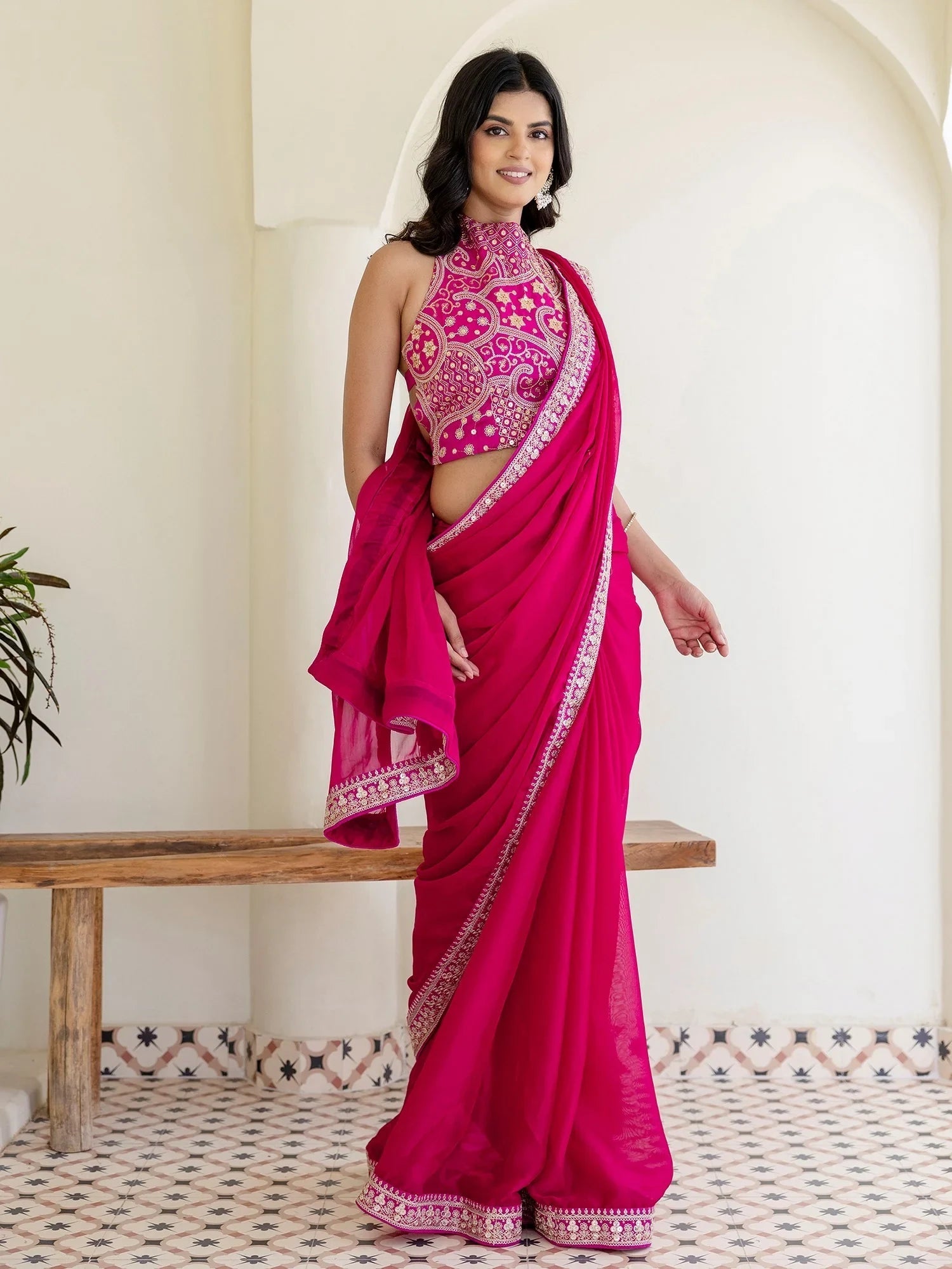 Rani Pink Silk Sequins Embroidered Party Wear Saree