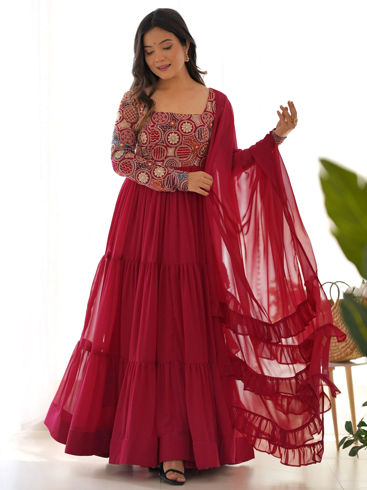 Maroon Embroidered Georgette Festive Wear Gown With Dupatta for Women