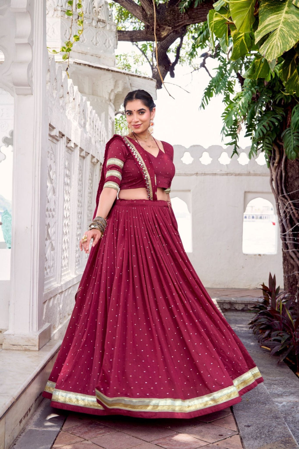 Maroon Pure Chanderi Zari Weaving Lehenga Choli Set For Festive And Wedding Special