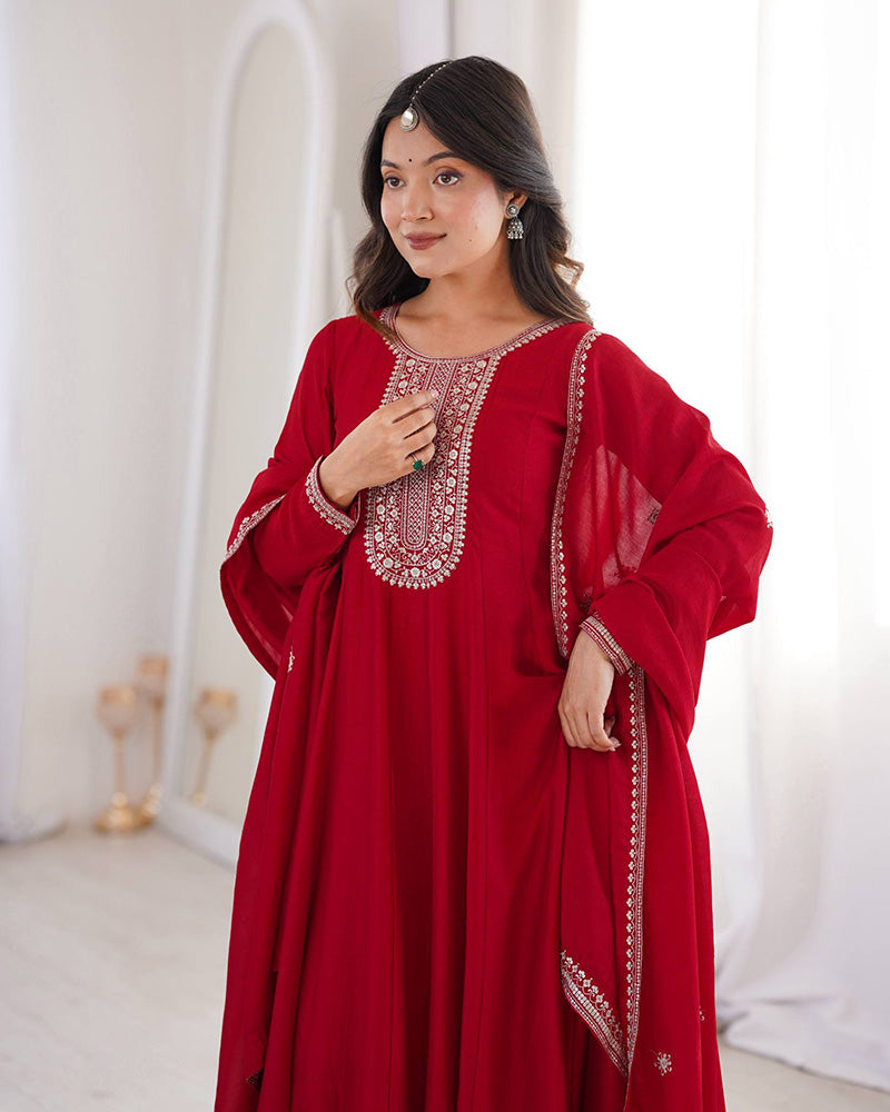 Dark Red Engaging Zari Work Silk Reception Wear Gown With Dupatta for Women