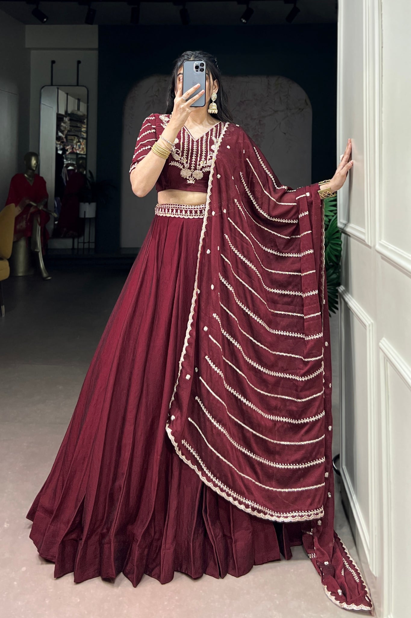 Premium Maroon Rangoli Crush Lehenga Choli Set - Zimonza