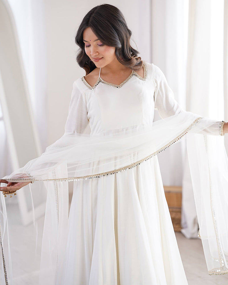 White Refined Chanderi Roman Silk Anarkali Suit for Women