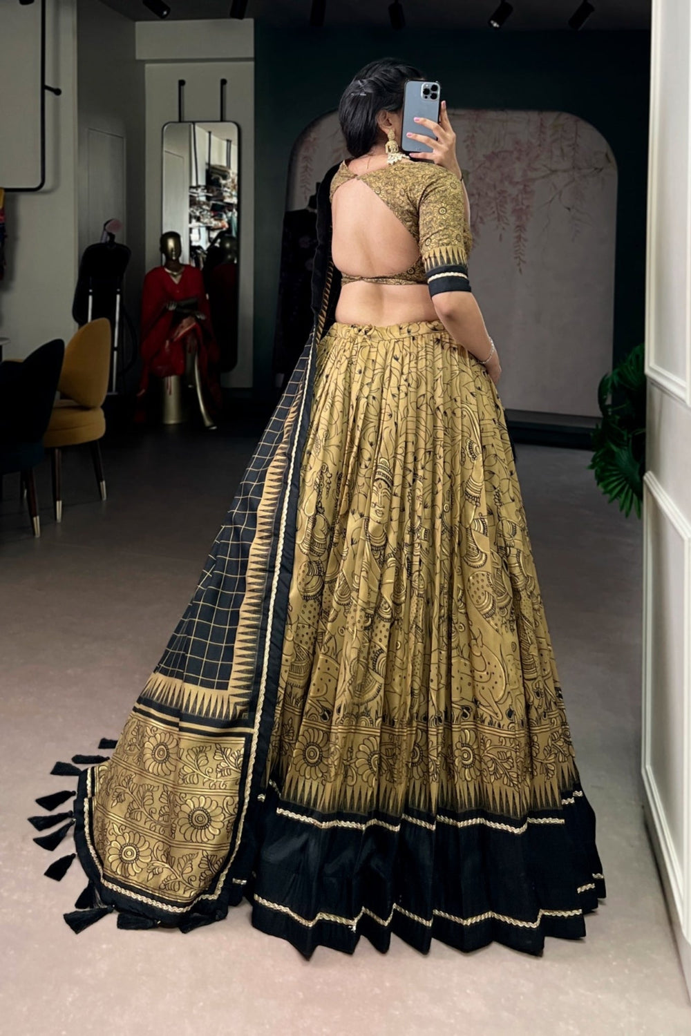 Gold Festive Kalamkari Printed Tasar Silk Lehenga Choli With Dupatta