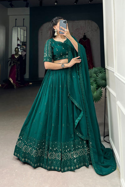 Blue Green Sequins With Thread Embroidery Work Wedding Lehenga Choli - Zimonza
