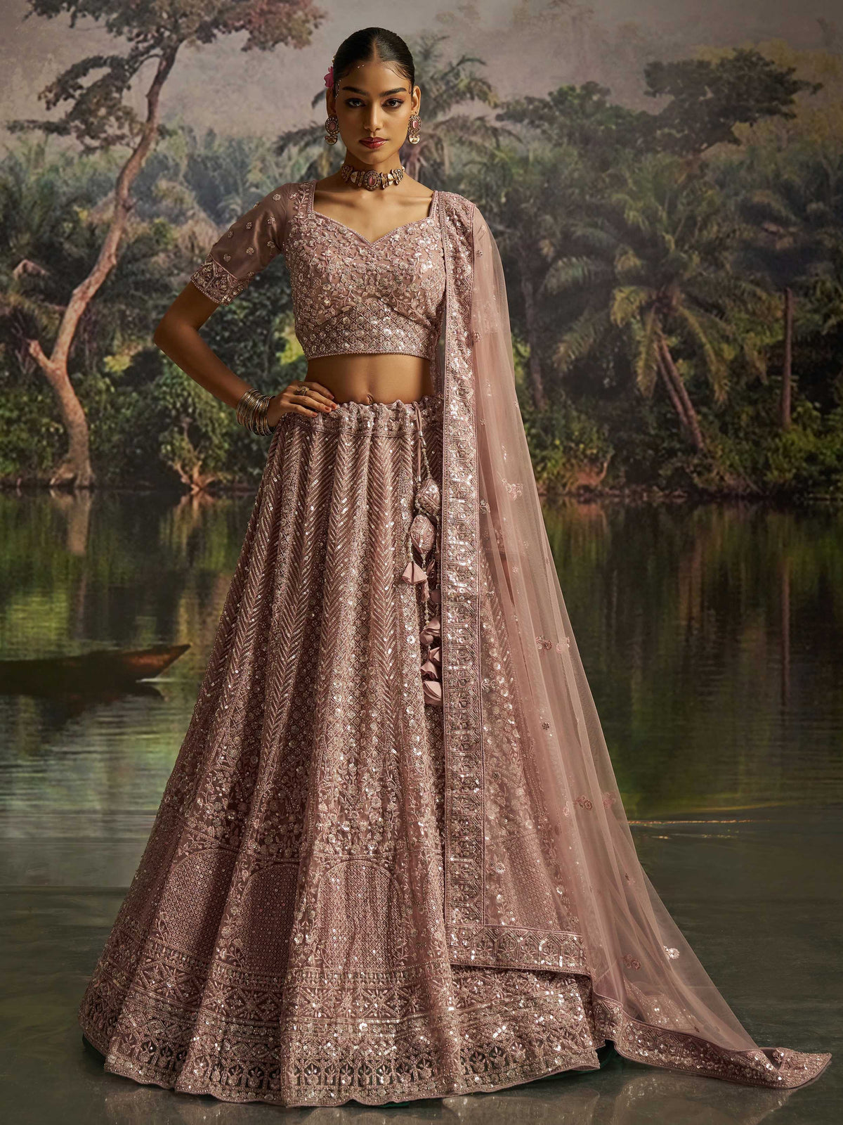 Mauve Net Sequins Bridesmaid Lehenga Choli With Dupatta for Women