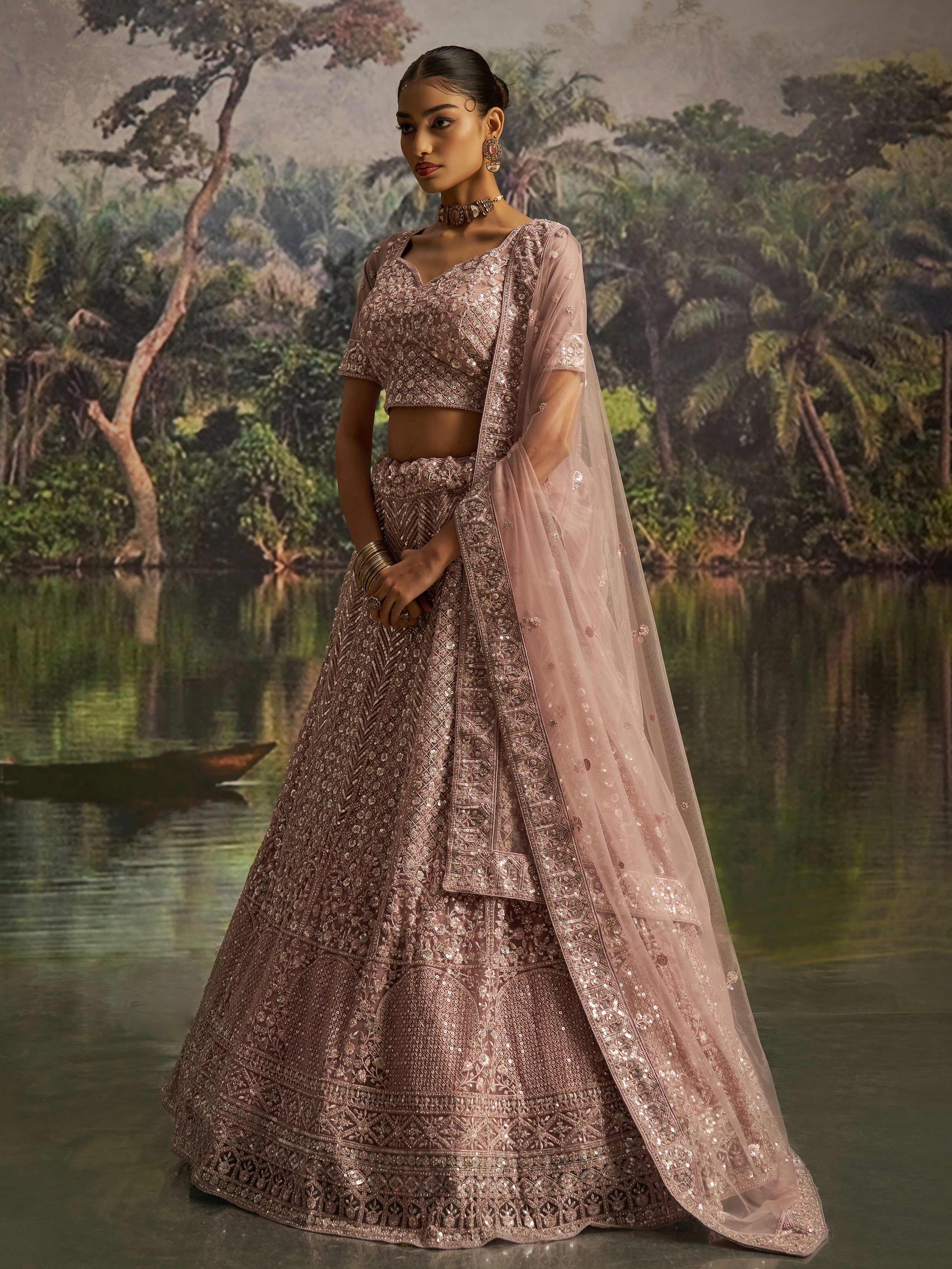 Mauve Net Sequins Bridesmaid Lehenga Choli With Dupatta for Women