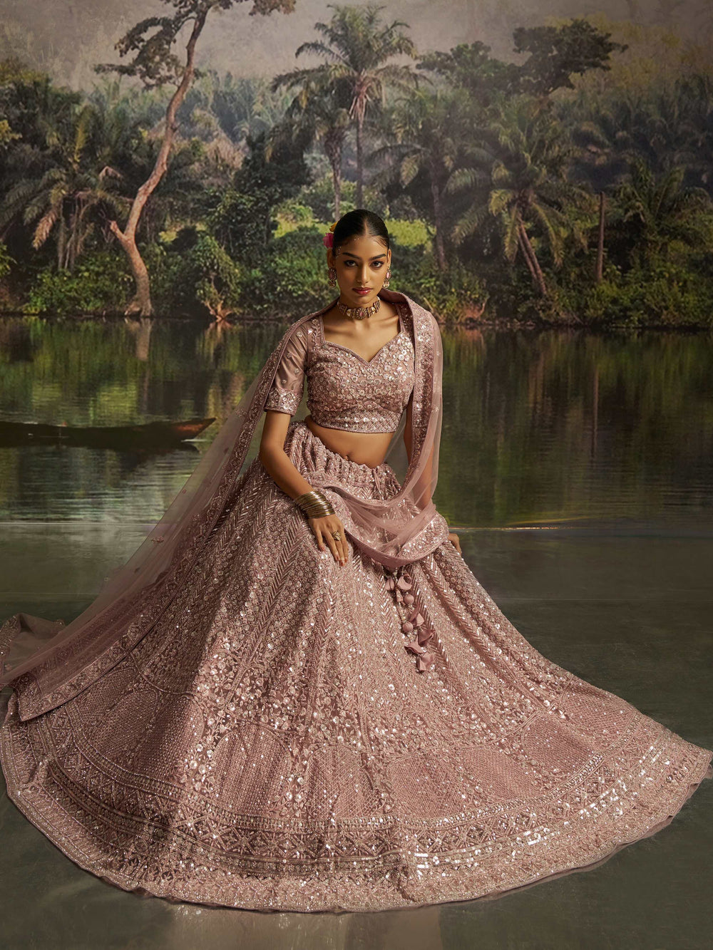 Mauve Net Sequins Bridesmaid Lehenga Choli With Dupatta for Women