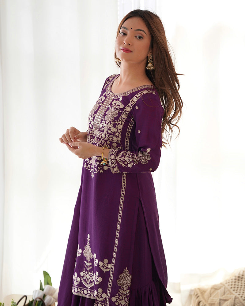 Wine Chinon Embroidered Wedding Wear Sharara Suit for Women