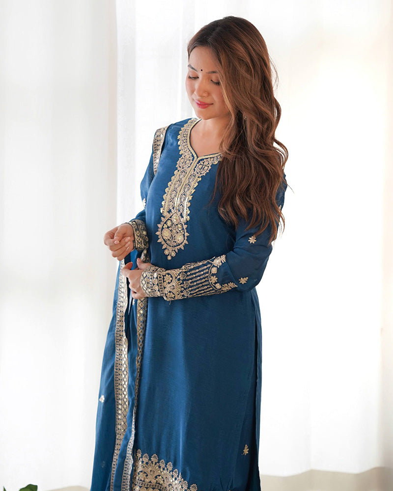 Morpich Chinon Silk Three Piece Festive Kurti Suit for Women