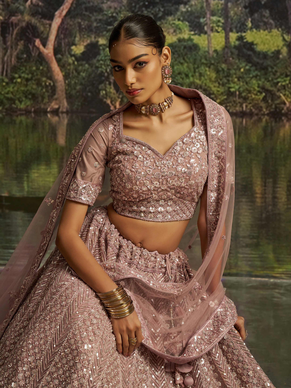 Mauve Net Sequins Bridesmaid Lehenga Choli With Dupatta for Women