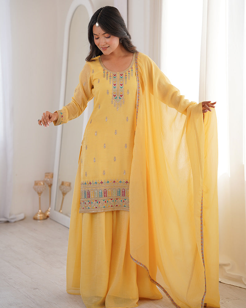 Yellow Crunchy Silk Embroidered Festive Palazzo Suit for Women