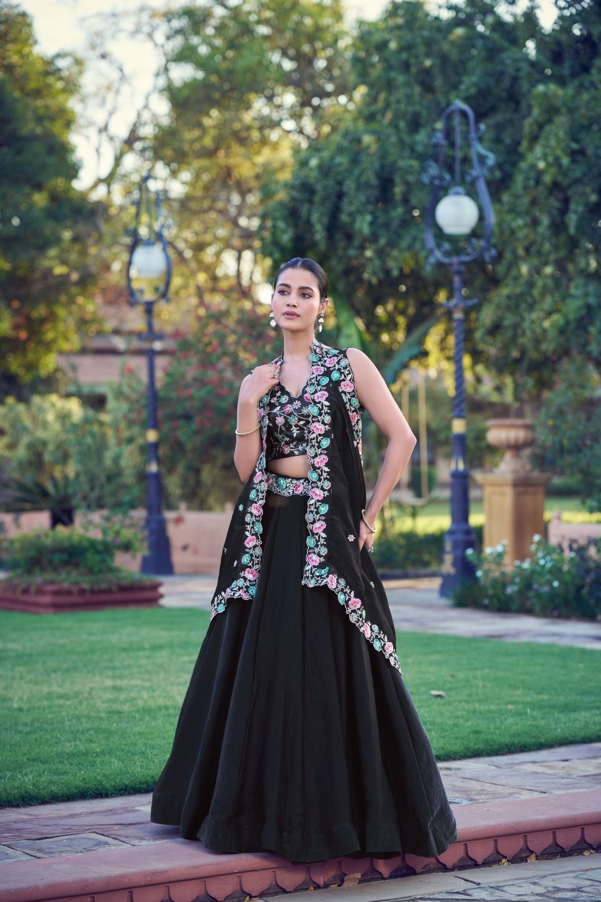 Black Fendi Embroidery Sequins Worked Lehenga Choli Set - Zimonza