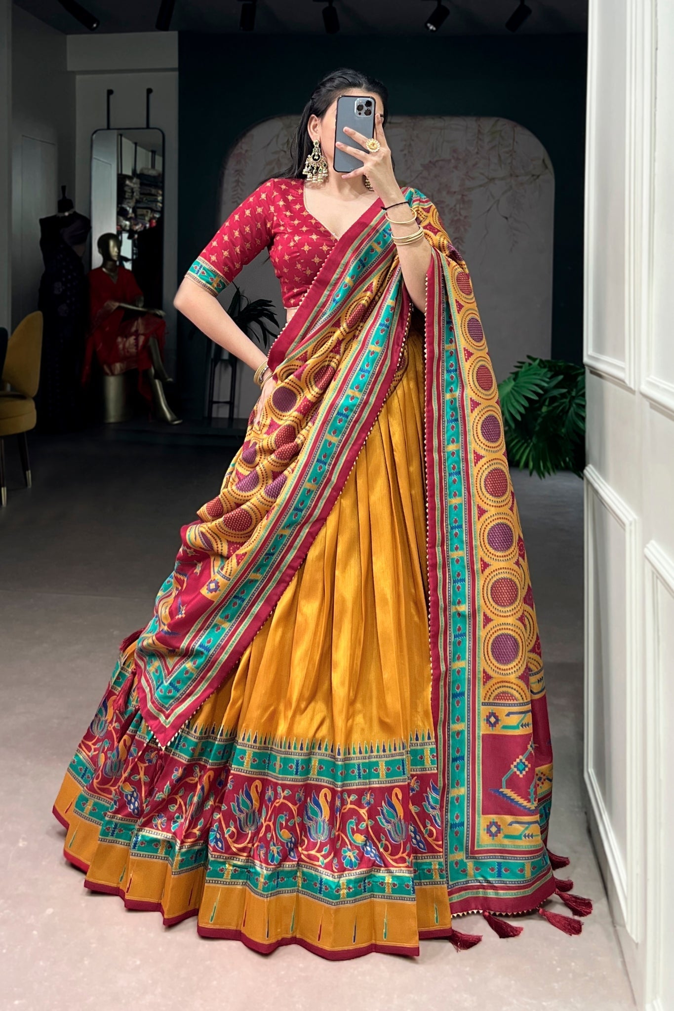 Red Printed Tasar Silk Festive Lehenga Choli for Women