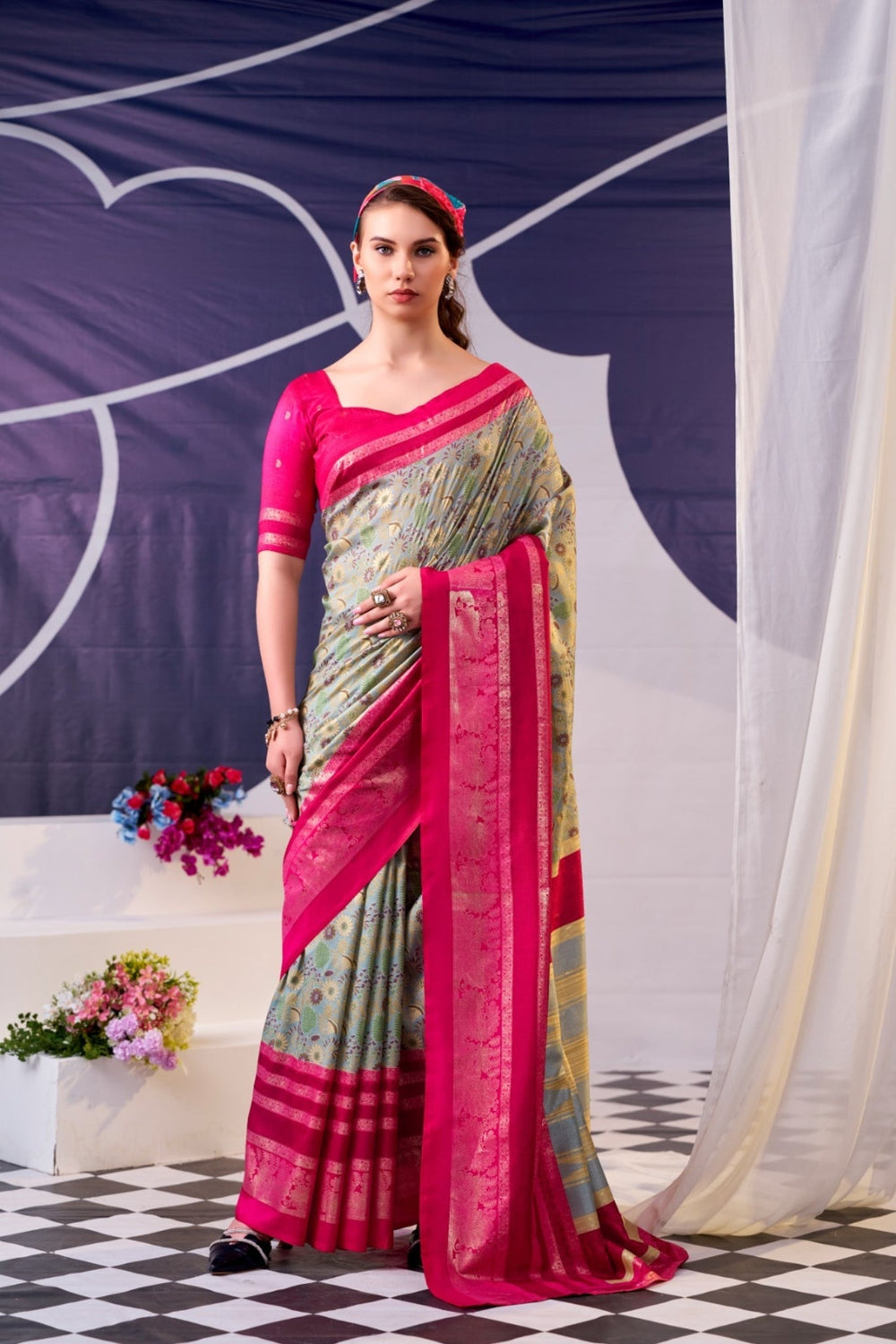 Floral Woven Zari Border Festive Designer Saree for Women