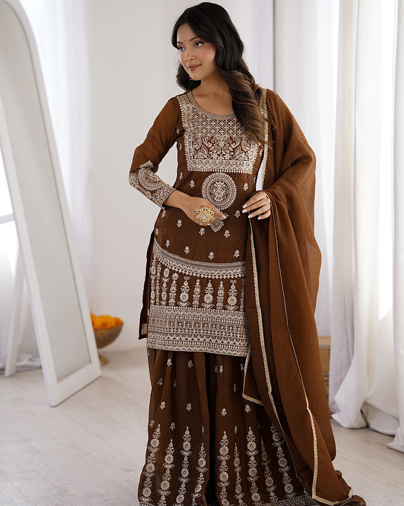 Brown Crunchy Silk Festive Sharara Suit for Women