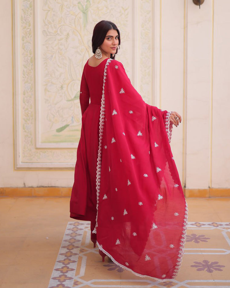 Royal Red Mal Chanderi Cotton Festive Anarkali Suit for Women