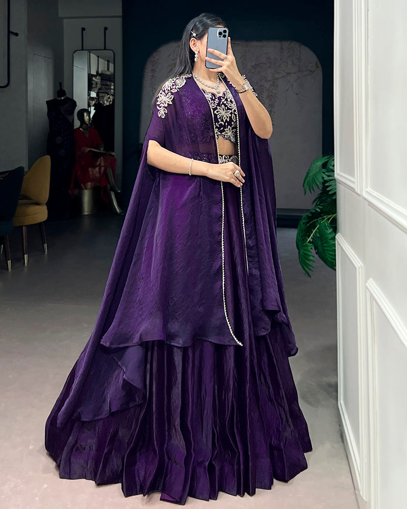 Purple Fendi Silk Embroidered Wedding Lehenga Choli for Women