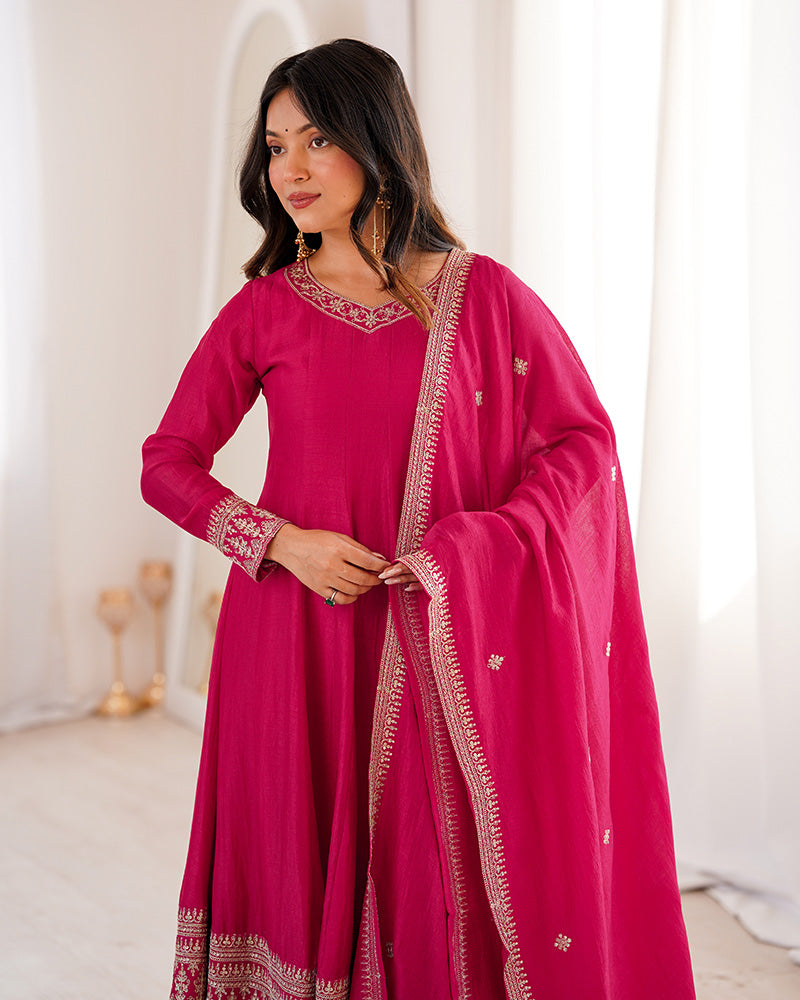 Rani Pink Vichitra Silk Embroidered Anarkali Suit for Women