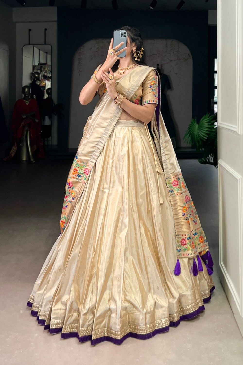 Purple Designer Paithani Zari Weaving Shimmer Lehenga Choli With Dupatta