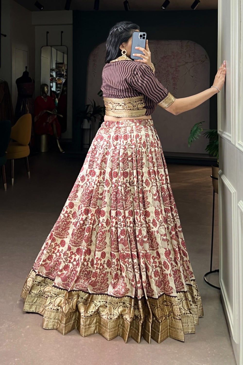 Brown Handcrafted Tasar Silk Printed With Viscose Border Lehenga Choli