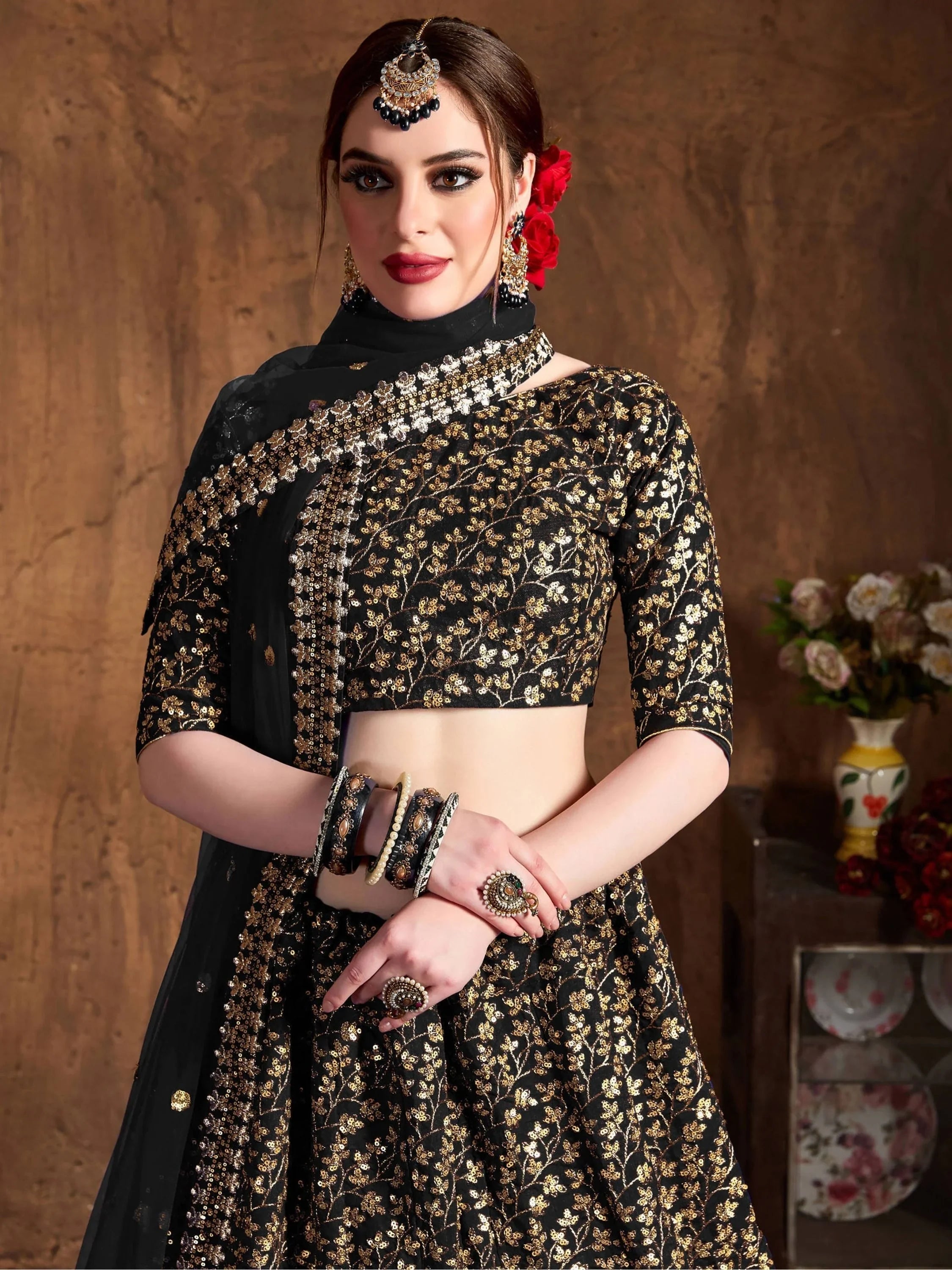 Black Zari Embroidered Raw Silk Wedding Lehenga Choli with Dupatta