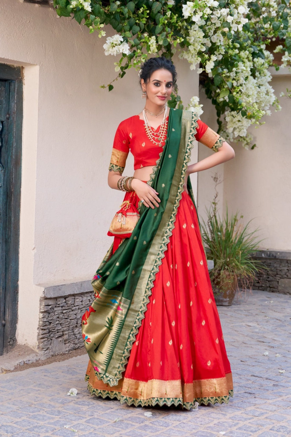 Pink Traditional Paithani Jacquard Sik Lehenga Set For Wedding