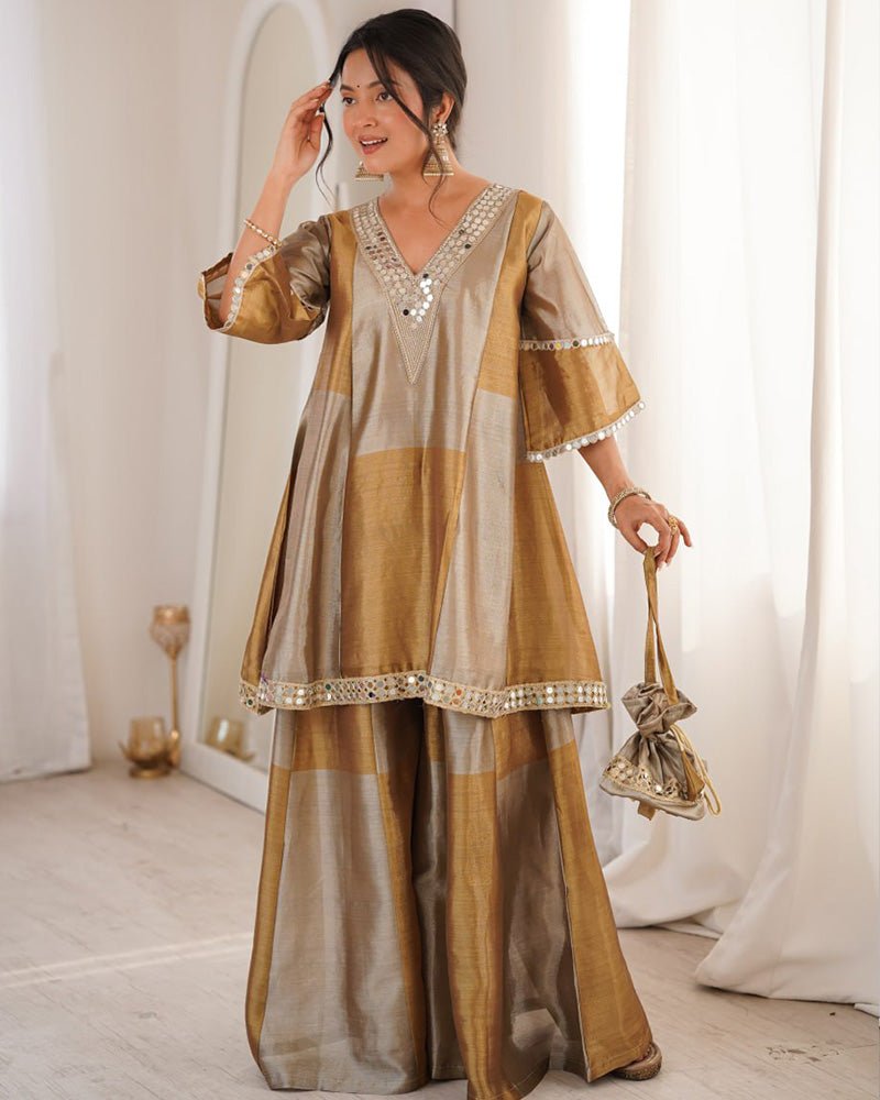 Grey Color Two - Tone Tissue Silk Embroidered Plazzo Suit - Zimonza