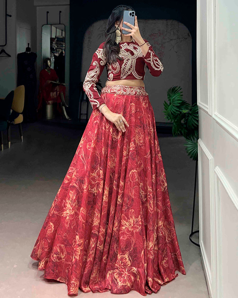Red Eye Catching Tussar Silk Printed Embroidered Lehenga Choli for Women