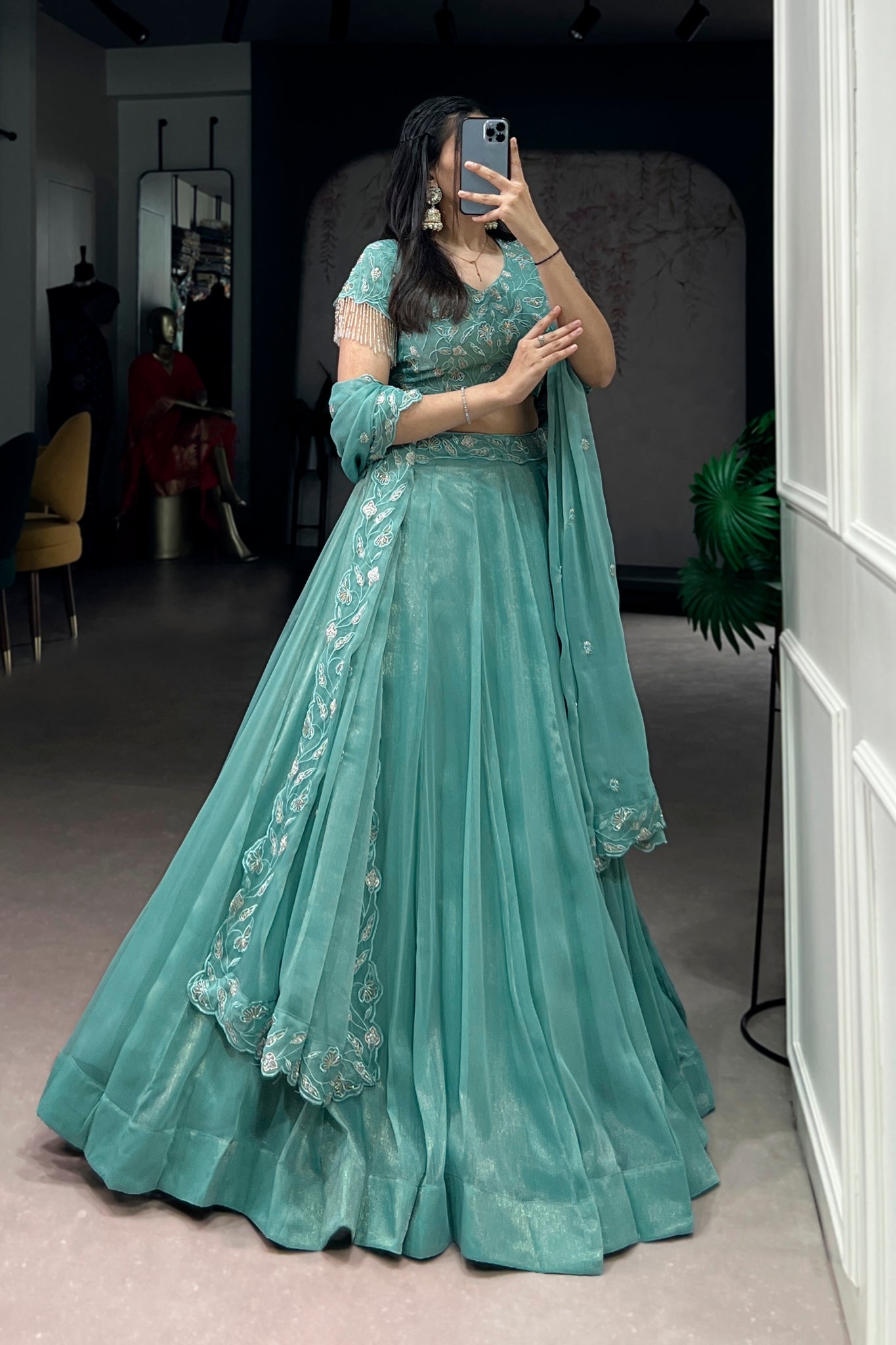 Sea Green Beads Thread Embroidered Wedding Lehenga Choli for Women