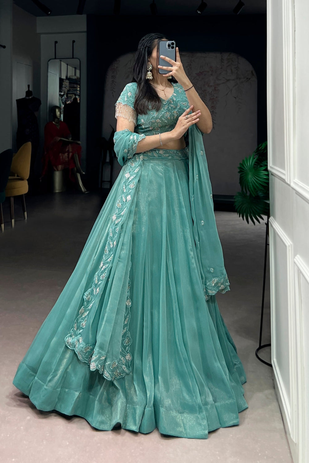 Sea Green Beads Thread Embroidered Wedding Lehenga Choli for Women