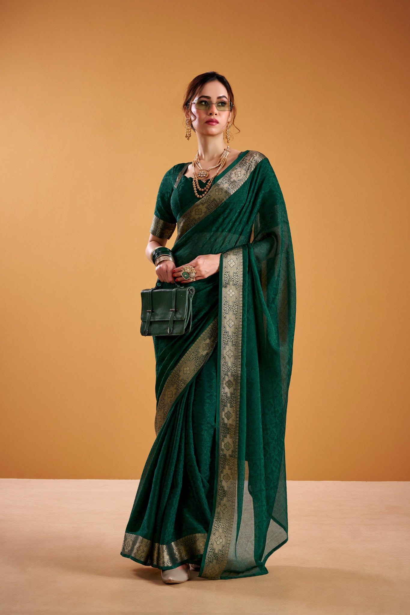 Poly Shimmer Woven Contrast Border Festive Saree for Women