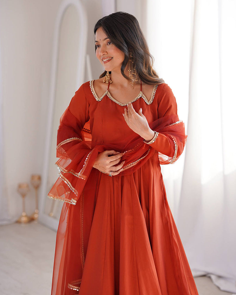 Rust Refined Chanderi Roman Silk Anarkali Suit for Women