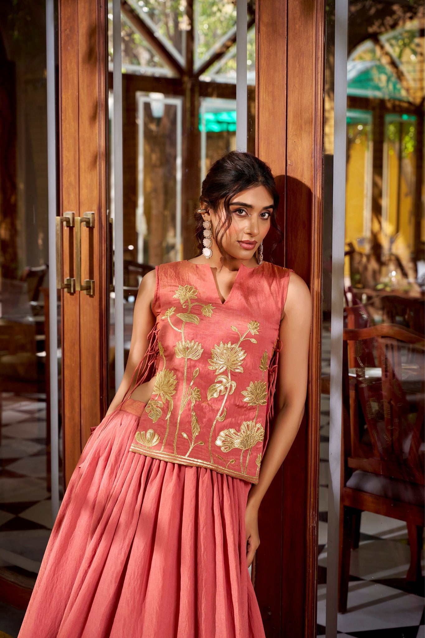 Salmon Pure Shimmer Embroidered Lehenga Co-Ord Set