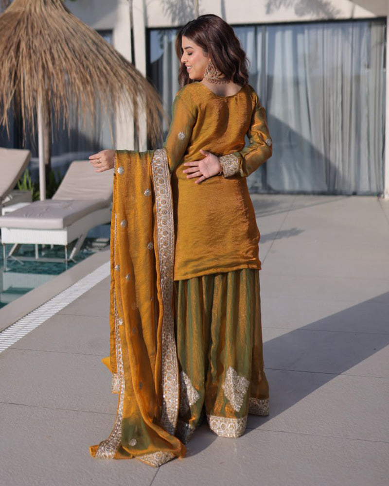Golden Olive Fendi Crush Embroidered Palazzo Suit for Women