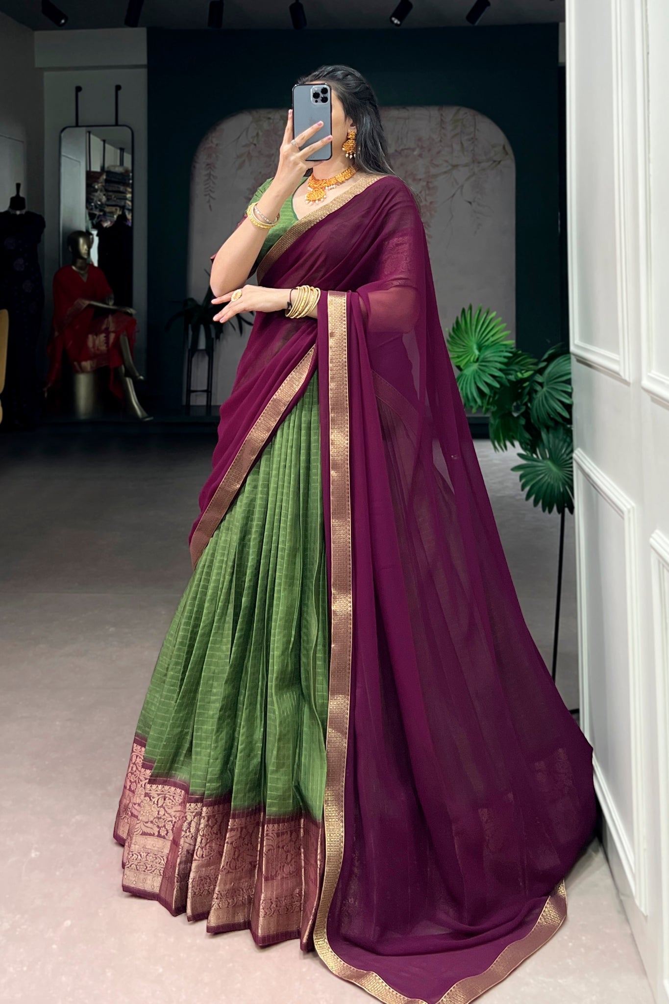 Mehndi Zari Weaving Embroidered Festive Lehenga Choli for Women