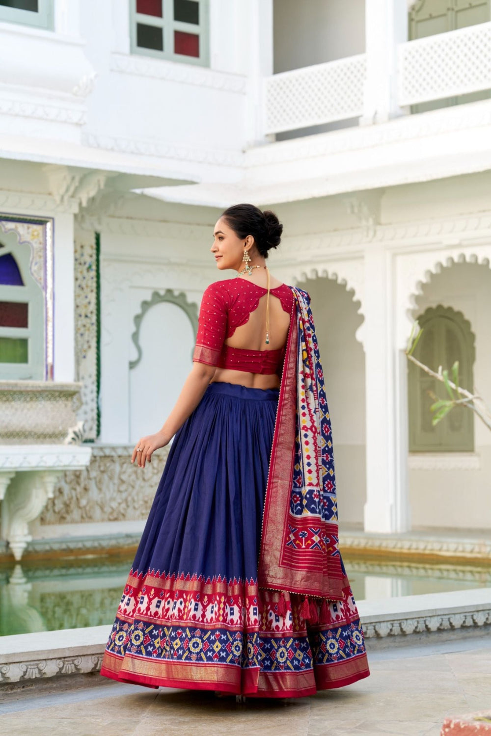 Navy Blue Tussar Silk Patola Printed With Foil Work Lehenga Choli