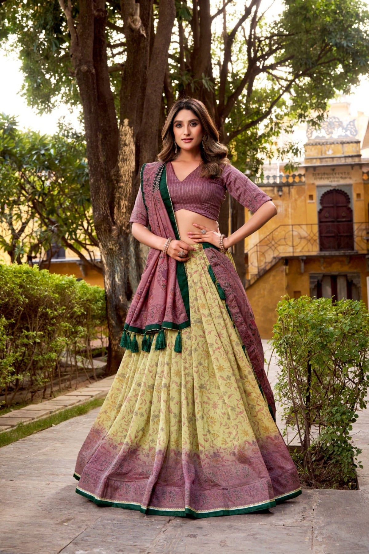 Mauve Heritage Inspired Vichitra Silk Printed Luxury Lehenga Set With Elegant Flare