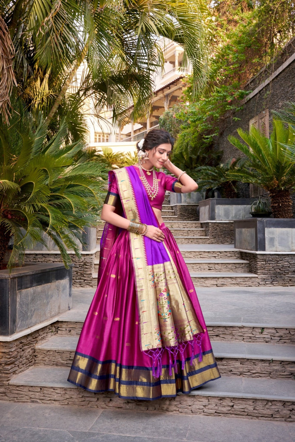 Pink Paithani Jacquard Silk Lehenga Set with Zari Weaving Work