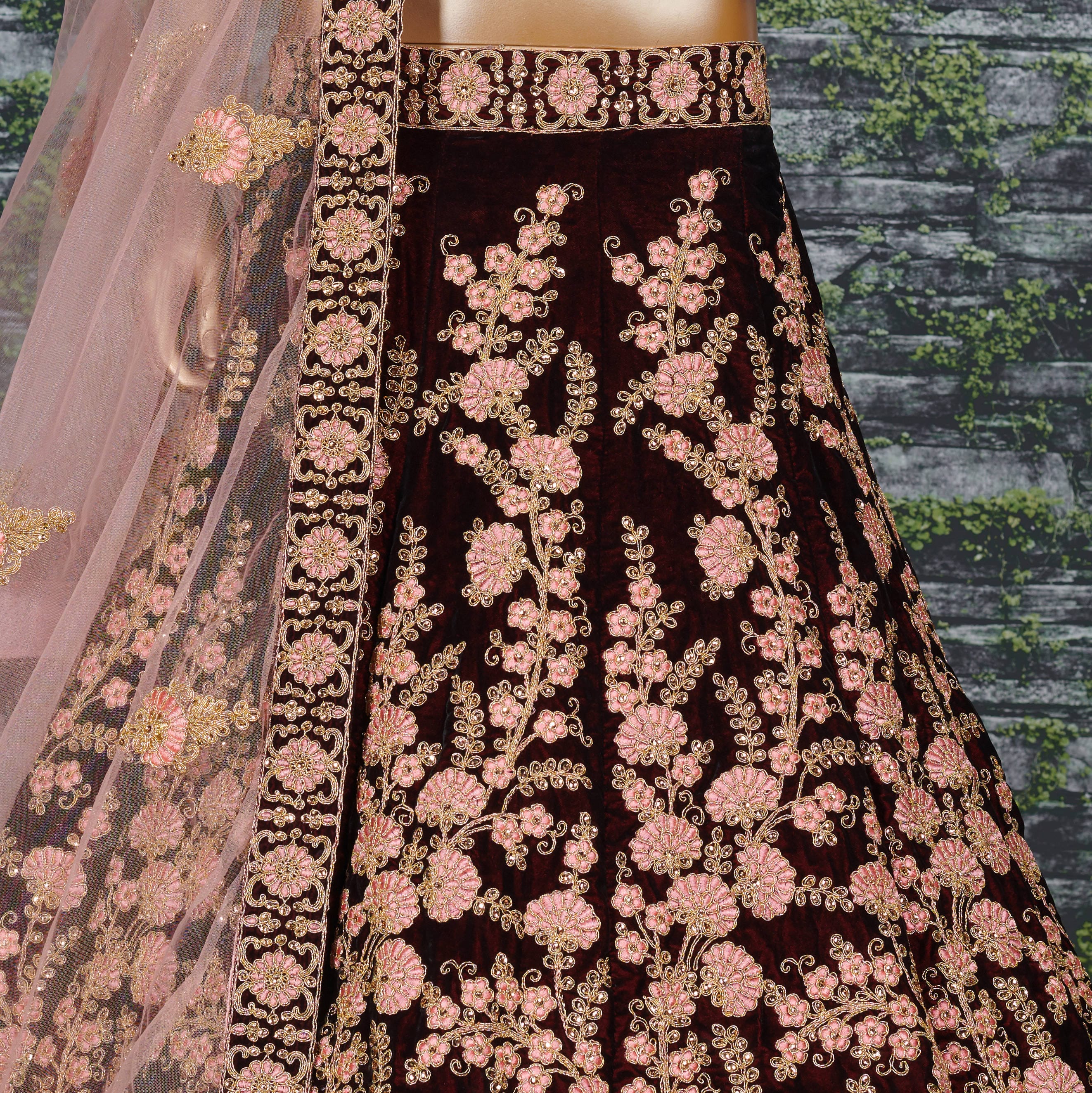 Maroon Thread Embroidered Velvet Silk Bridal Lehenga Choli and Pastel Pink Dupatta