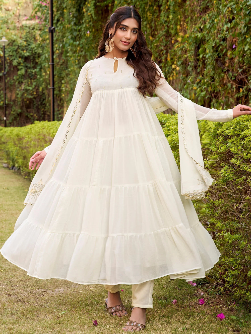 Off-White Chiffon Foil Work Festival Salwar Kameez for Women