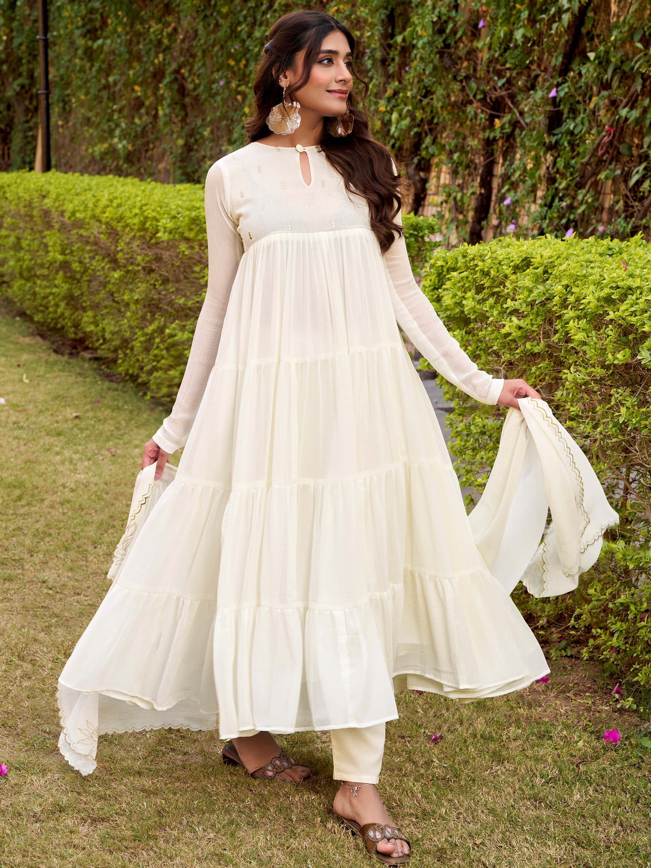 Off-White Chiffon Foil Work Festival Salwar Kameez for Women