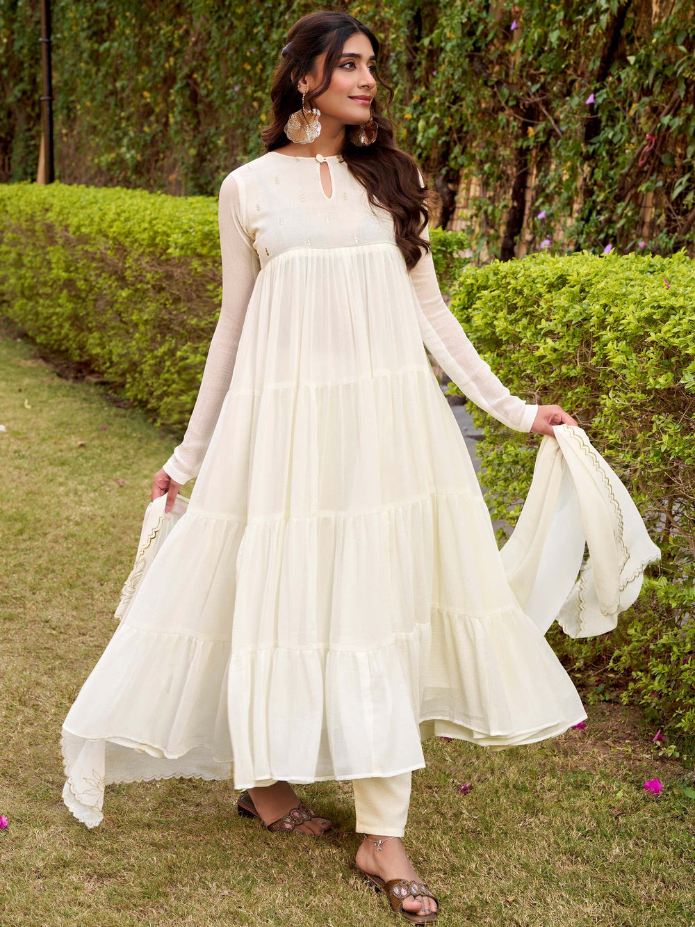 Off-White Chiffon Foil Work Festival Salwar Kameez for Women