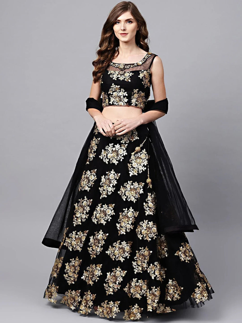 Black Floral Golden Sequins Work Net Fabric Party Lehenga Choli