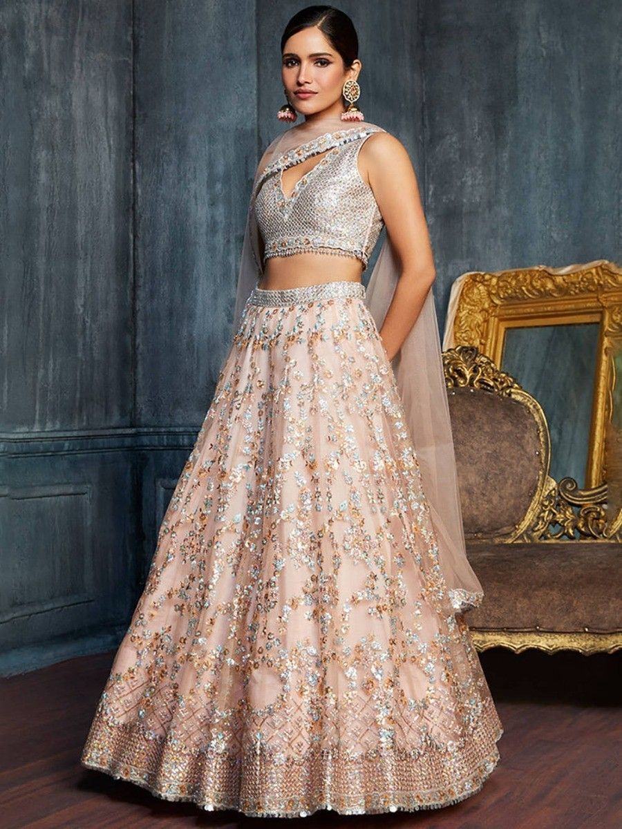 Peach Sequins Net Engagement Lehenga Choli with Dupatta for Ladies