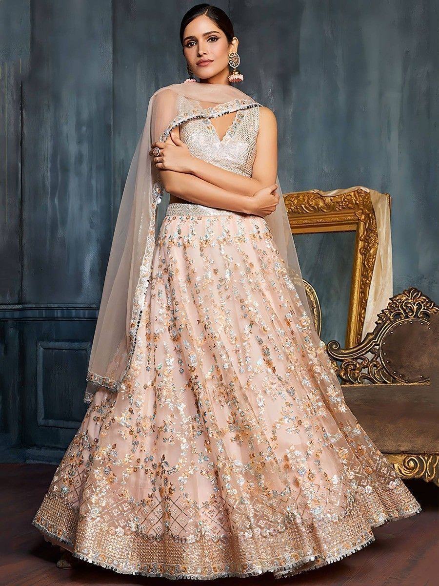 Peach Sequins Net Engagement Lehenga Choli with Dupatta for Ladies