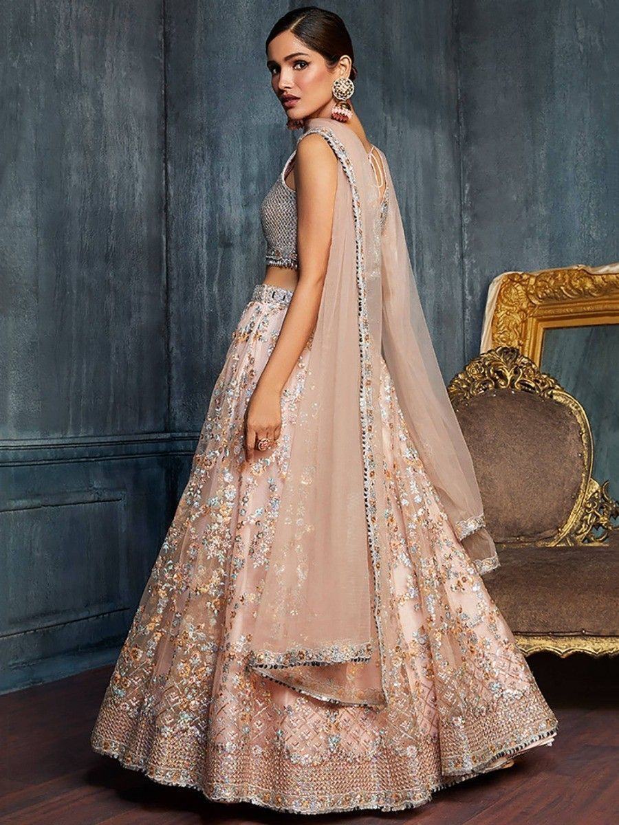 Peach Sequins Net Engagement Lehenga Choli with Dupatta for Ladies